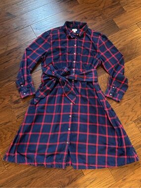 J.Crew Factory Tie-Waist Flannel Shirtdress Navy Red Plaid Size 14
